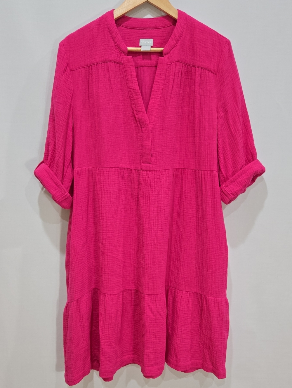 Chico's Pink Cotton GuauzeTiered Midi Dress 2 / 12 Roll Tab Sleeve Pockets Beach
